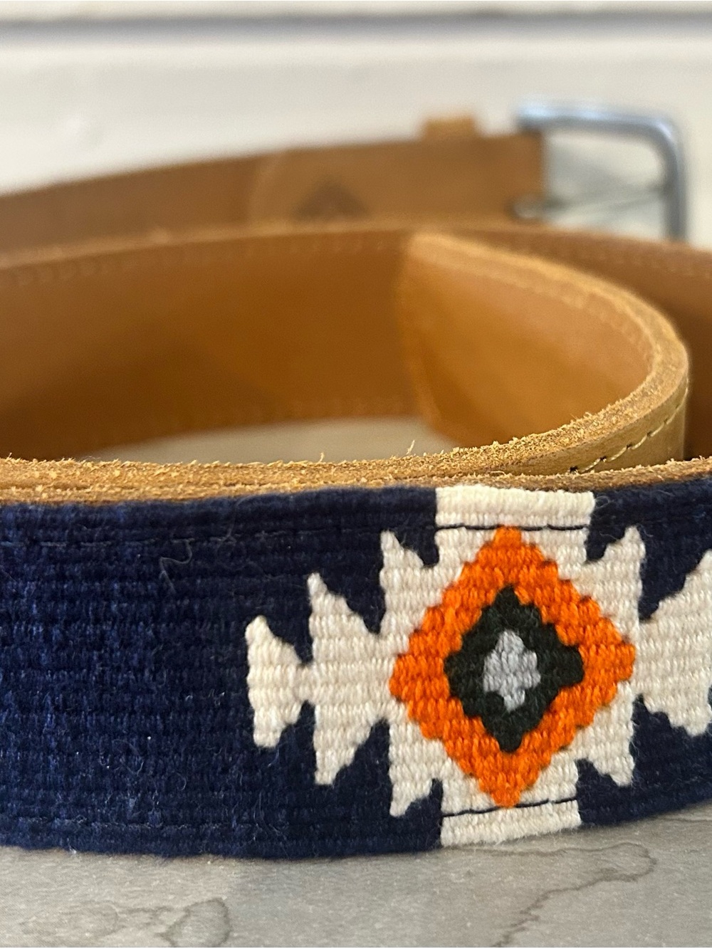 Men's Adjustable Brown Blue Orange Textile Geometric Woven Belt  34 Guatamala